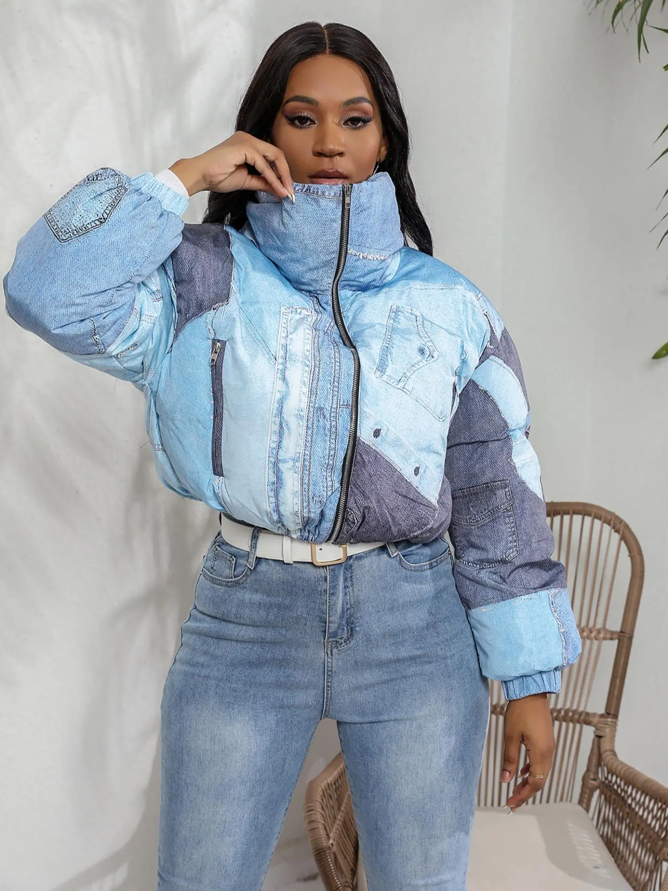 Women's Denim-effect Print Zip Up Hooded  Coat, Fashion Casual Drop Shoulder Long Sleeve Outerwear for Daily Outdoor Wear, Women Clothing for Fall & Winter