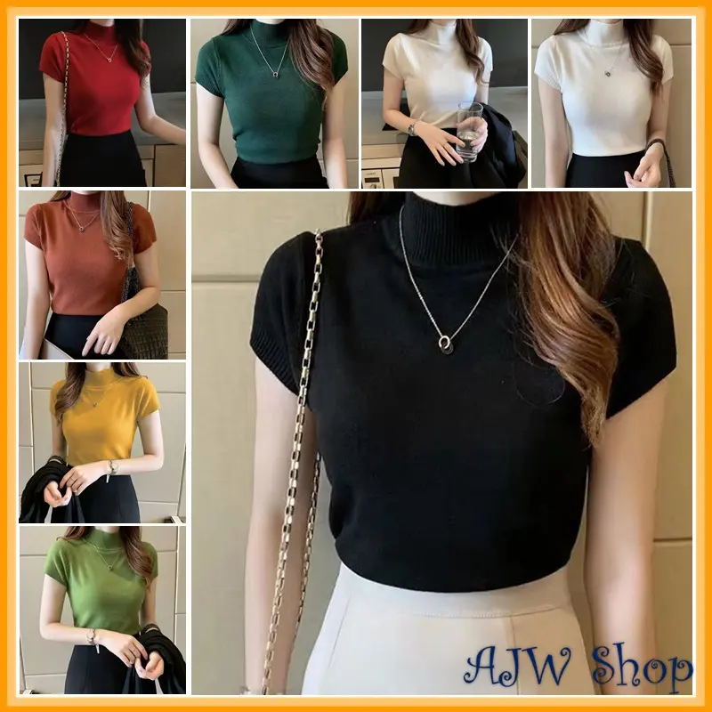 AJW [HF] Atasan Wanita Turtleneck Premium | Atasan Wanita Rajut Premium | Kekinian Lengan Pendek Wanita