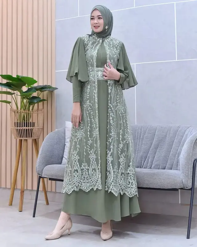 Clarissa Dress Inner + Outher Brukat Premium Free Belt / Gamis Brukat Aplikasi Mutiara Busui Friendly / Gamis Kondangan Lebaran Mewah Elegant Simple By AM Ceruty Muslim 4