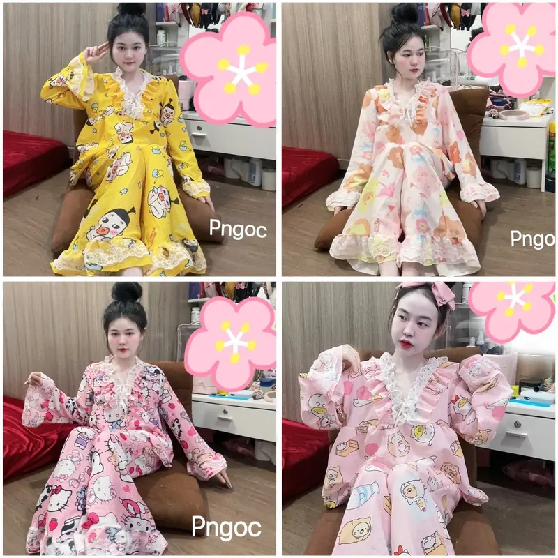 Đồ bộ hoạt hình tiểu thư đũi xốp phối ren Women Nữ Top 5