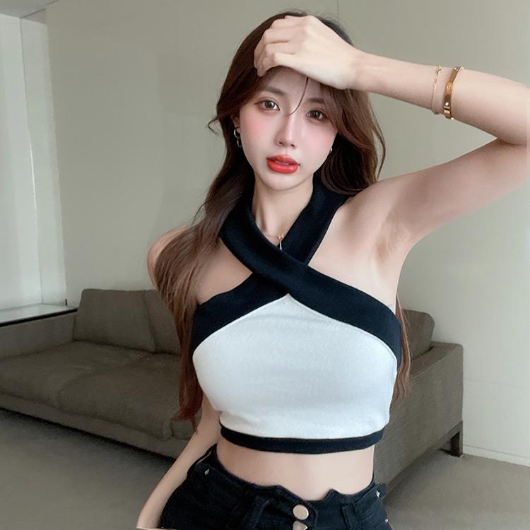 Product Introduction of Contrast color cross knitted vest high waist navel-baring short bottoming inner sling outer wear sleeveless hot girl pure desire top 8