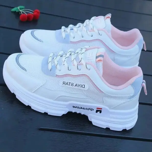 Women's Summer Breathable Mesh Sneakers Hollow out Casual Sports Shoes Versatile Flat Bottom mid Heel Mixed Material Lined