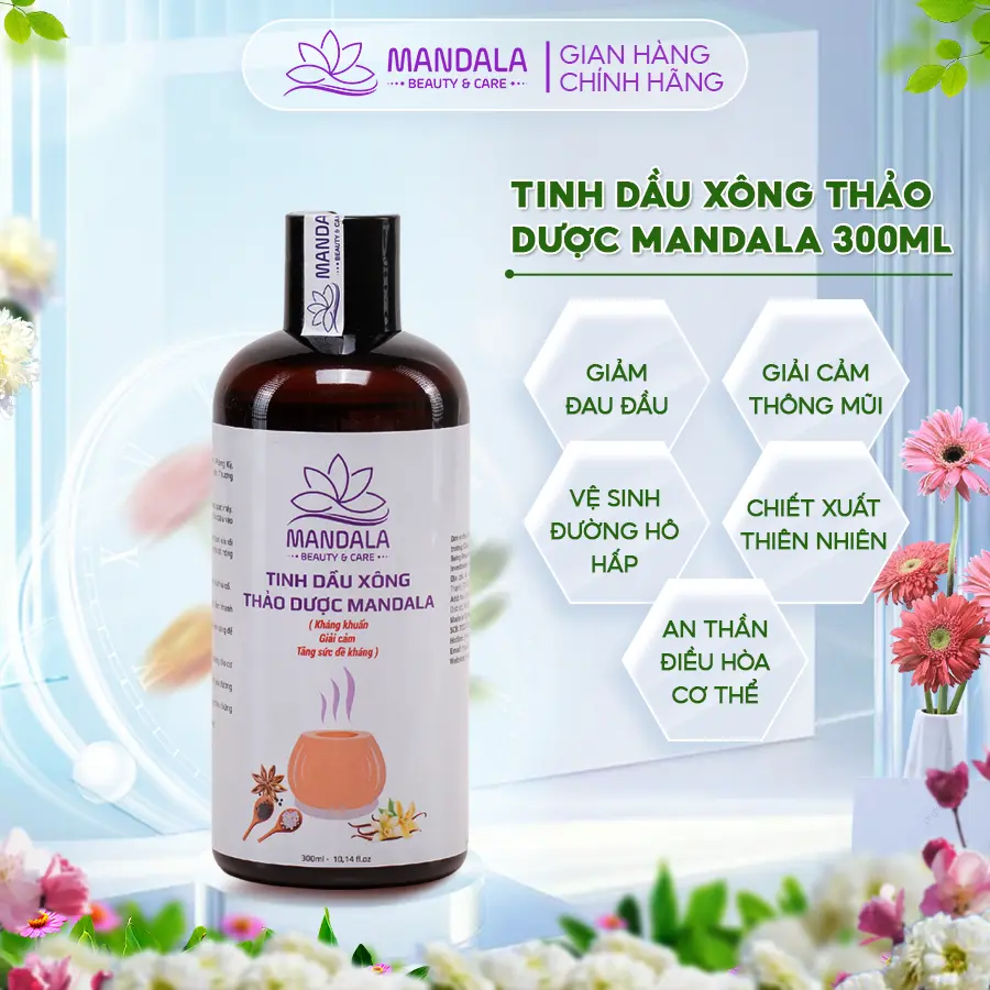Tinh Dầu Xông Thảo Dược Mandala 300ml Xông Mặt Dưỡng Da, Xông Vệ Sinh Đường Hô Hấp Giúp Giải Cảm, Giảm Ho