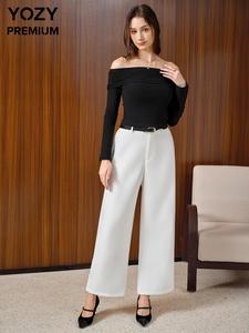 YOZY Women's Solid Off Shoulder Tee & Belted Elastic Waist Pants Two-piece Set, Casual Fashion Cozy Top & Wide Leg Trousers for Daily Outdoor Wear