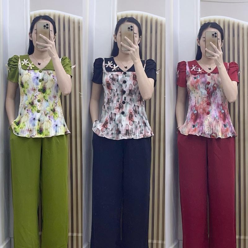 [Quần dài- Ống xuông] Set bộ dập ly áo cổ bâu bản mới đính 2 bông (áo lụa bạch vân, quần mango) mềm nhẹ mát