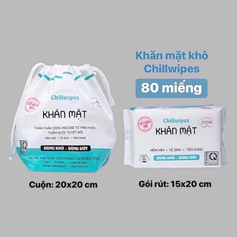 Khăn mặt khô Chillwipes dùng 1 lần lau khô lau ướt cuộn và gói rút 80 miếng Skincare