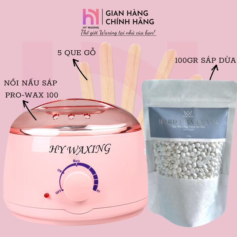 HY WAXING Combo Nồi Nấu Sáp Wax Lông Prowax100 100gr Sáp Premium Tặng Kèm Que Gỗ Thơm Mùi Dừa Chất Dẻo Bám Lông Tốt Không Hôi Hắc