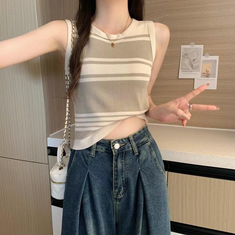 Quần Áo Nữ, Áo Vest Sọc Kiểu Pháp, Bộ Sưu Tập Mùa Hè Mới Thời Trang, Đồ Lót Ngầu Thường Ngày Áo Dệt Kim, Hợp Xu hướng, Phù Hợp Bên Trong, 2024 Top Women 8