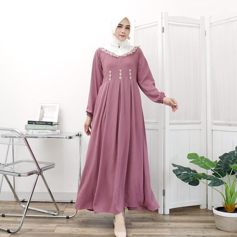 Gamis Renda sweet lengan panjang model fashion wanita muslim modem terbaru new arrival model kekinian kombinasi brukat 3
