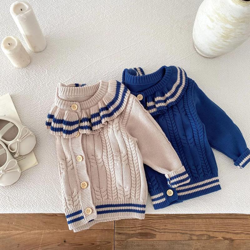 Product Introduction of Ins 2024 Autumn Baby Girls Knit Cardigan Sweater Lotus Collar Ruffle Line Collar Children Winter Solid Thicken Warm Knitwear Top 31