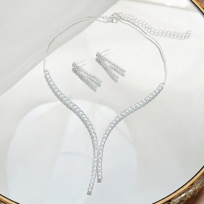 Set Aksessoris Hiasan Wanita Kalung Anting Tusuk Zircon Pengantin 2 3