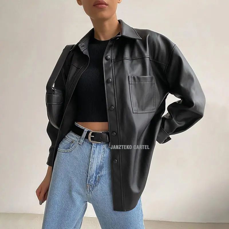 JNK x KMJ - Jaket Wanita Model Oversize Kemeja Blazer Semi Kulit Sintetis Viena PU Faux Synthetic Leather Jacket Oversized Cewek Perempuan Saku Pocket Kancing Baju Kameja Outer Casual