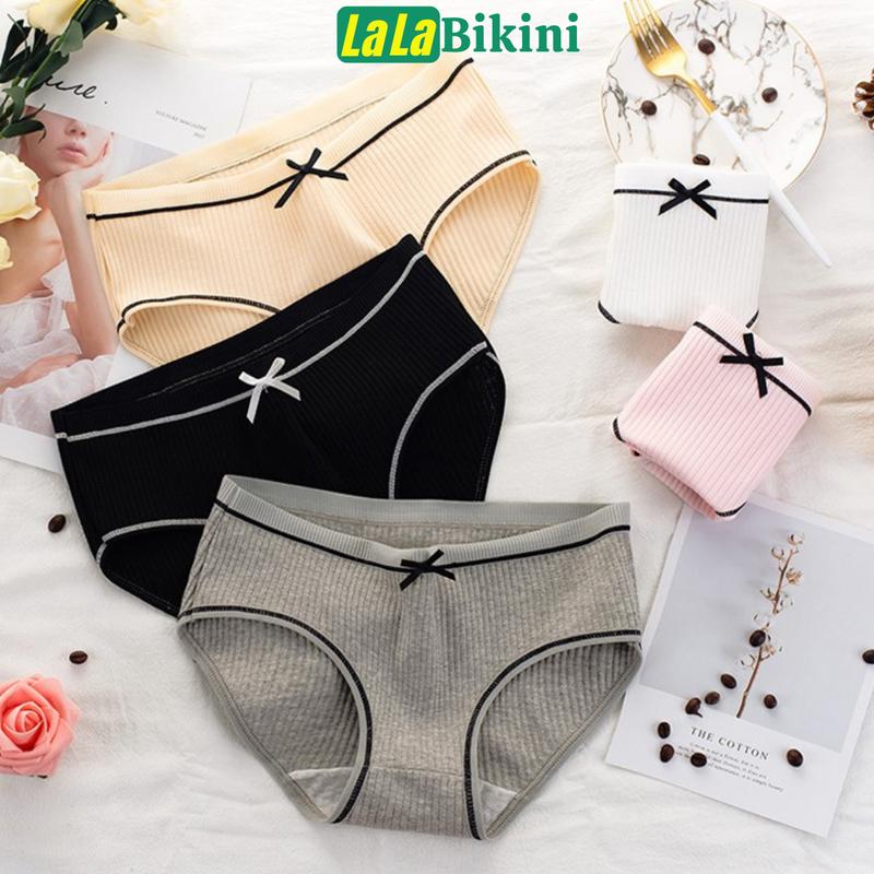 COMBO 5 Quần lót nữ cotton gân tăm phối viền đen đính nơ xinh chip kháng khuẩn thoáng mát Women 3