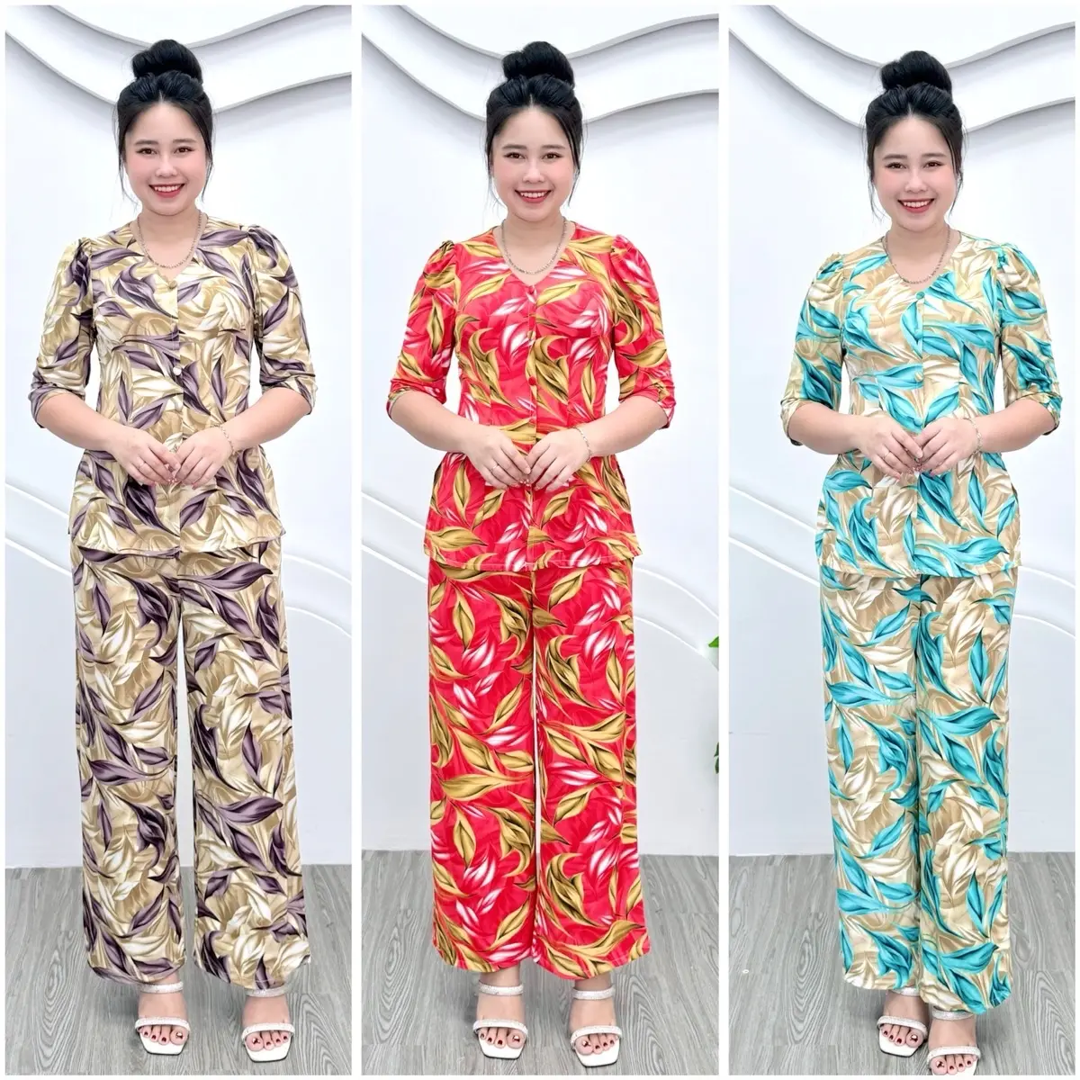 B2 Đồ bộ bà ba , đồ trung niên thun aty Mỹ mềm mịn mát, co giãn, quần ống rộng, 45-75kg Women Nhung