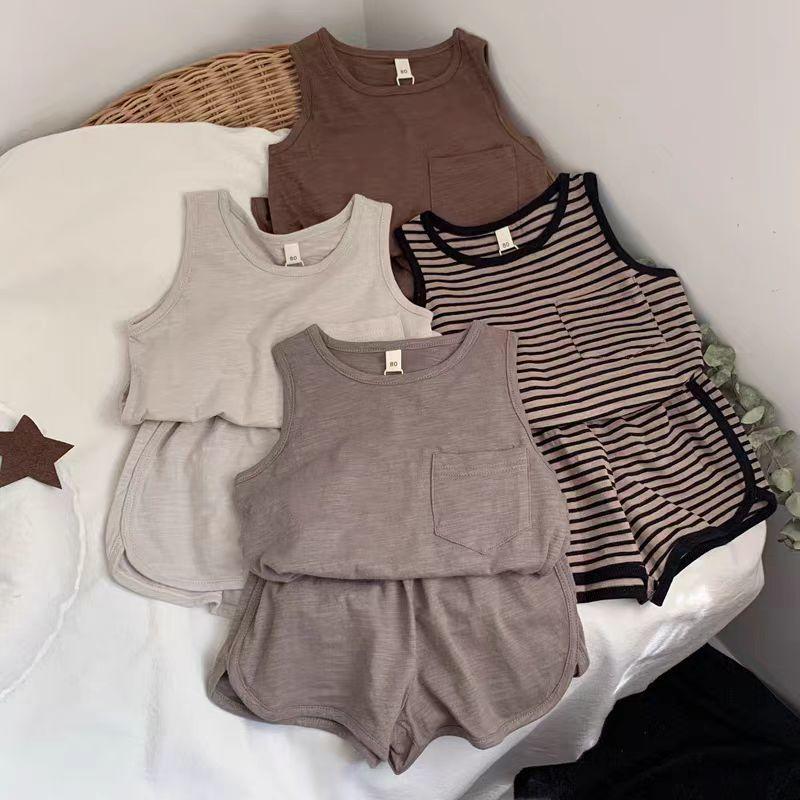 Bộ Áo Vest Không Tay Cho Em Bé Mùa Hè, Màu Trơn Mỏng, Cho Bé Trai Và Bé Gái, Áo Vest Sọc Sành Điệu Và Quần Đùi, Bộ Hai Mảnh, Năm 2025