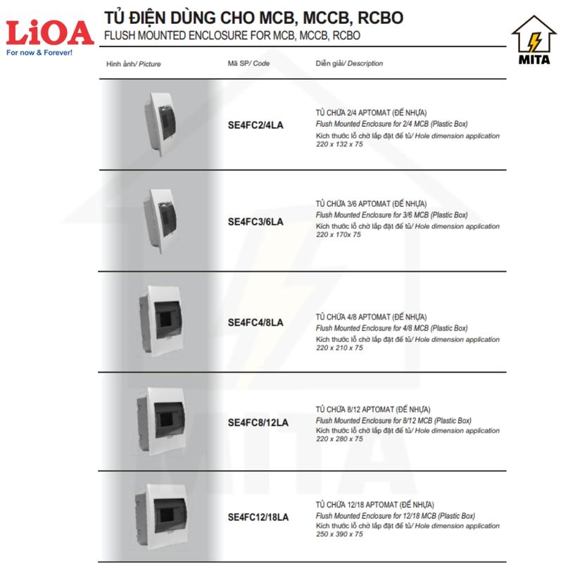 Tủ điện nhựa chứa aptomat Lioa - Tủ điện âm tường gài át - vị trí 2 đến 12 át- MITA 6
