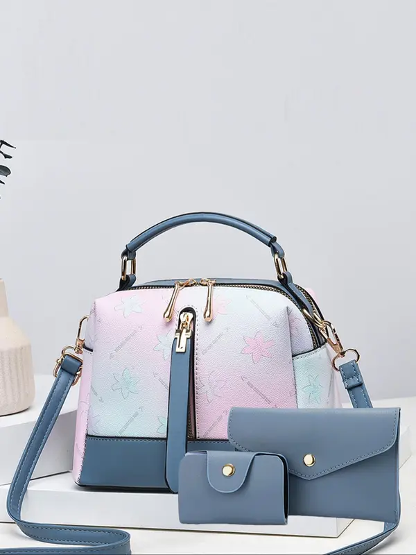 Women's Fashionable Floral Pattern Handbag & Crossbody Bag & Wallet, Casual Versatile PU Leather Shoulder Bag Set, Trendy All-match Bag Set for Daily Use 3
