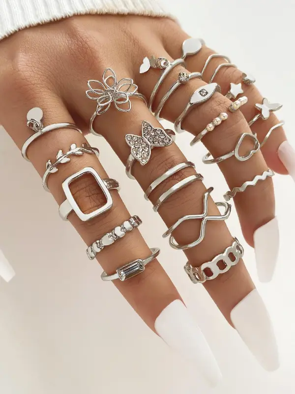 Fashion Elegant Geometric Stacking Ring, Hollow Out & Flower & Criss Cross & Heart Design Ring, Exquisite Jewelry for Women for Gift, with Box 7