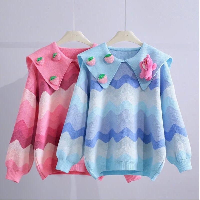 ÁO LEN QC CÓ CỔ BÈO SỌC KÈM GẤU DÂU DỄ  Kem Nữ WomenTHƯƠNG, gấu dâu aolen formrong Top