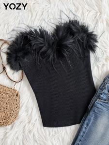 YOZY Women's Contrast Faux Fur Trim Top, Casual Sleeveless Strapless Ribbed Top for Daily Wear, Ladies Clothes for All Seasons