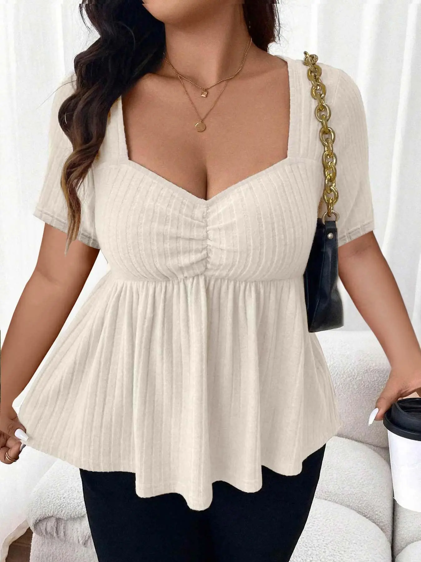【Plus Size】 Solid Color Chain Linked Top, Casual Open Front Top for Summer, Women's Plus Clothing for Daily Wear, Shirts