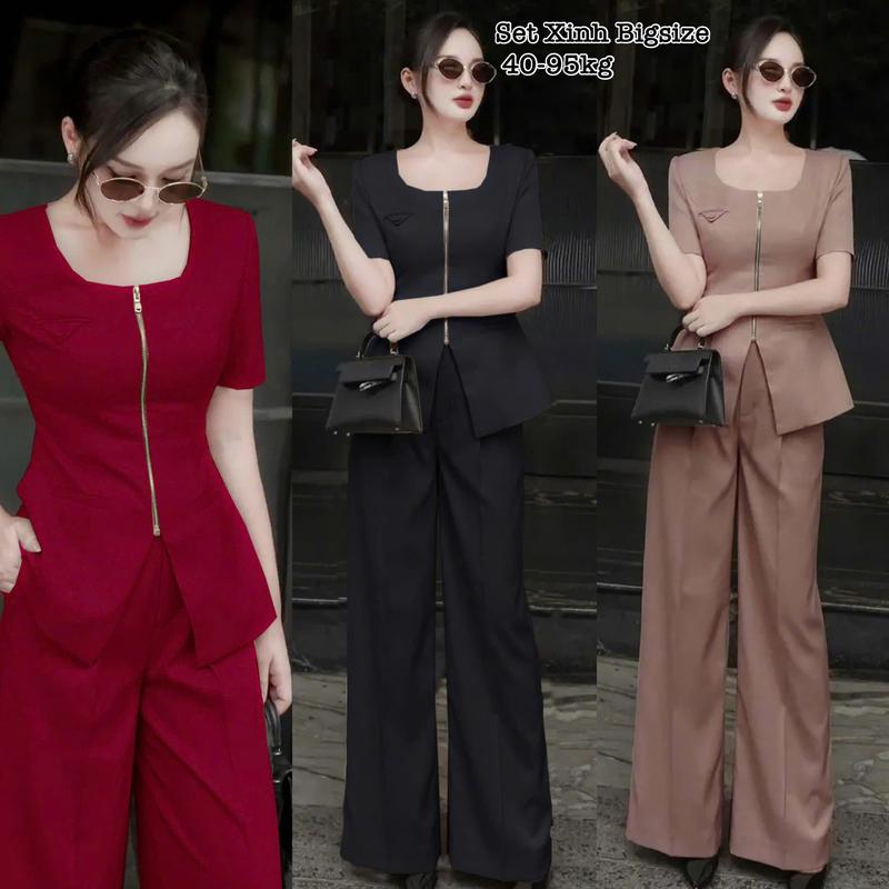 Thời Trang Bigsize Nữ - Set Bộ Áo Khóa Kéo Tay Ngắn Form Peplum Kèm Quần Ống Suông Lụa Chéo Thái Thiết Kế Dự Tiệc, Đi Chơi Cao Cấp Xinh Đẹp Sang Trọng  50-95kg Áo Top Cotton Màu Nâu Màu Đen Set Đồ Nữ đẹp Set Áo Croptop Bộ Suit Nữ Sang Chảnh Women
