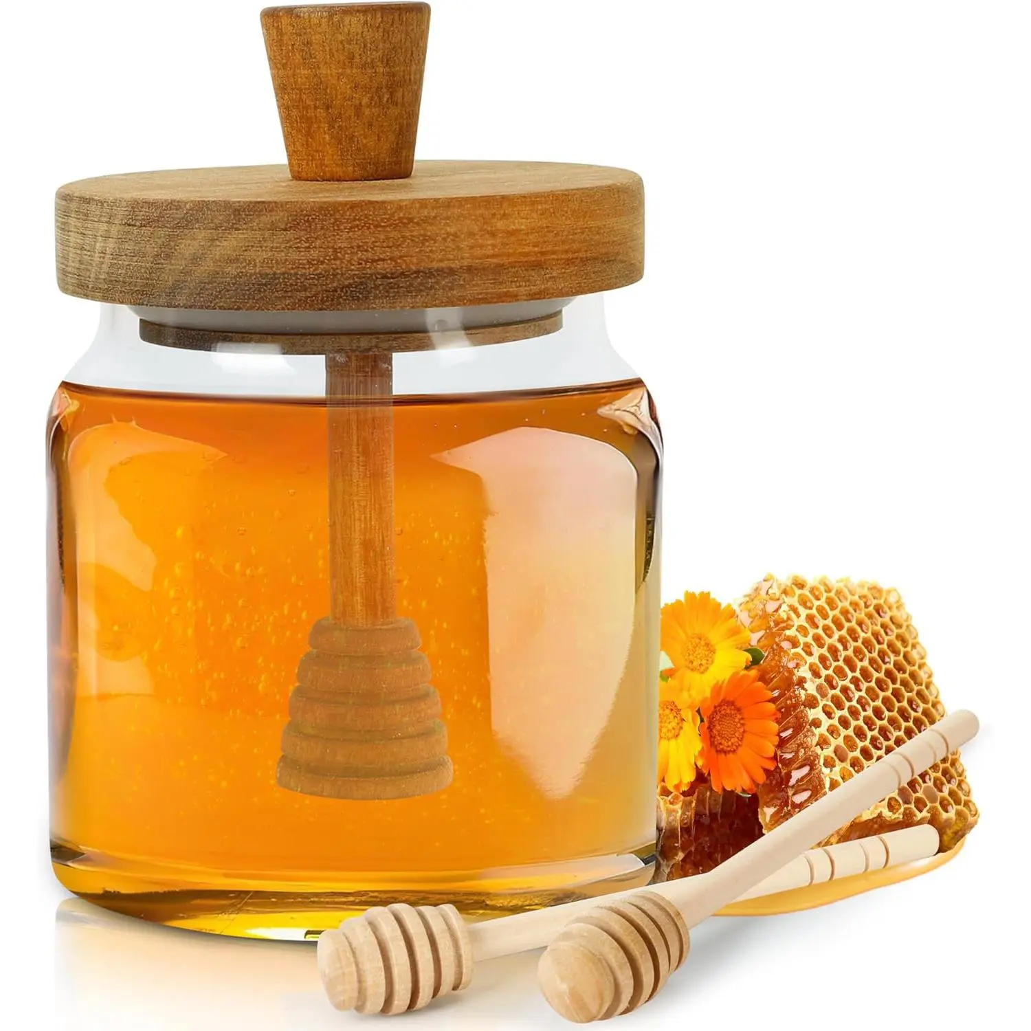 Honey Pot with Dipper & Lid, 1 Count Glass Honey Jar with 2 Wooden Honey Dippers Stick, Airtight Syrup Dispenser for Home Kitchen, Honey Container, Kitchen Gadgets