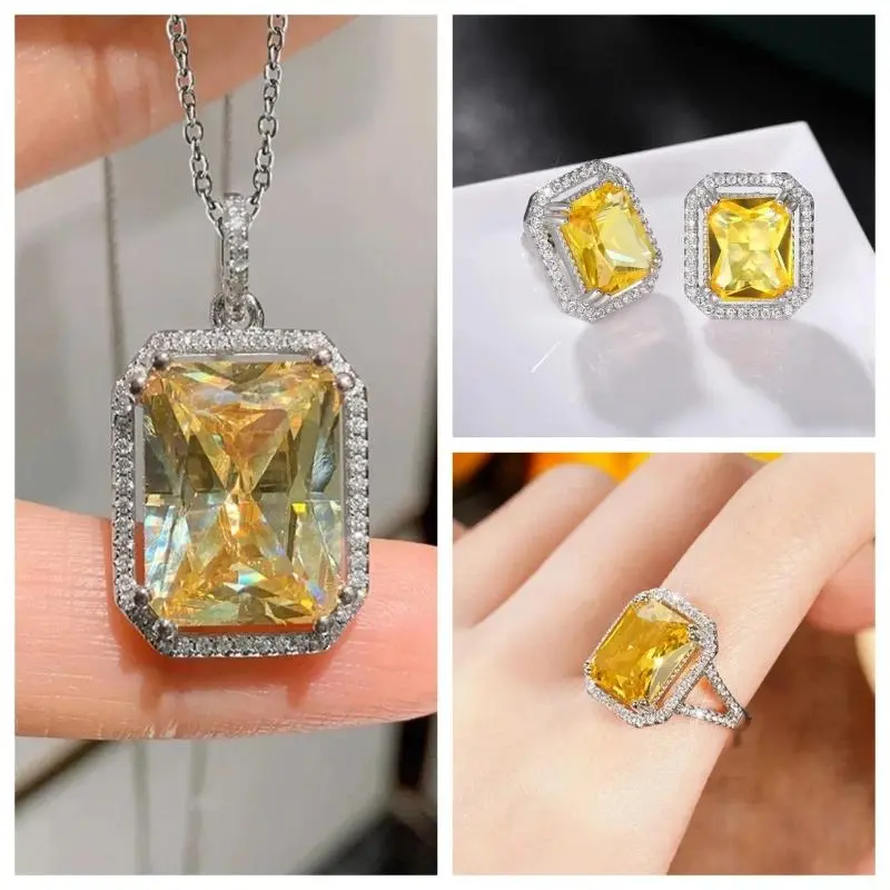 2024 Geometric Yellow Cubic Zirconia Pendant Women's Necklace+Earrings+Ring Fashion Luxury Engagement Bridal Jewelry Set
