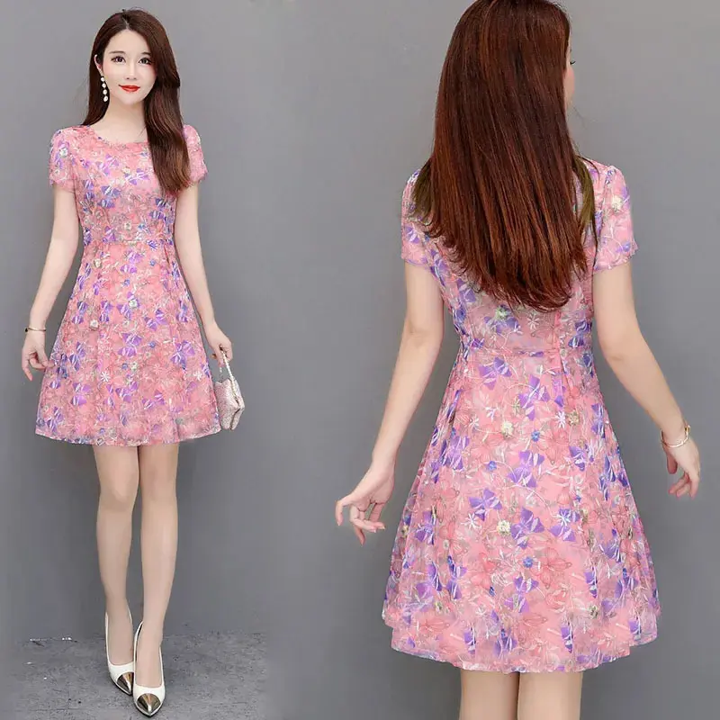 Váy Quần Áo Nữ, Ngoại Cỡ, Trang Phục Mùa Hè, ngắn Tay, Cổ Tròn, Váy Hoa, Ôm Sát Eo, Váy Trông Trẻ Trung, Váy Cho Mẹ 2