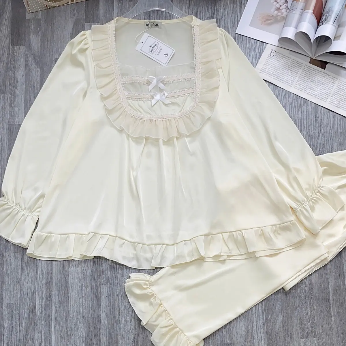Đồ bộ mặc nhà tiểu thư kiểu dáng babydoll phối voan nơ dành cho nữ từ 43-65kg lụa latin pijama ngủ áo hai