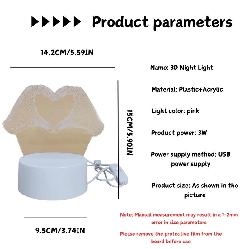 3D Heart Shaped LED Night Light, USB Powered Desktop Atmosphere Light, Creative Night Lamp for Bedroom Home Room Decor 3
