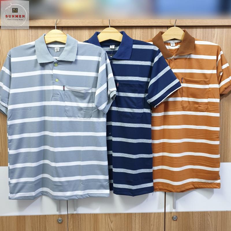 [HCM]Áo Thun Nam Trung Niên Sọc Ngang Cổ Bẻ From Rộng Tay Lở Vải Thun Co Giãn 4 Chiều SUNMEN Menswear Top Polo thông thường hàn quốc áo polo