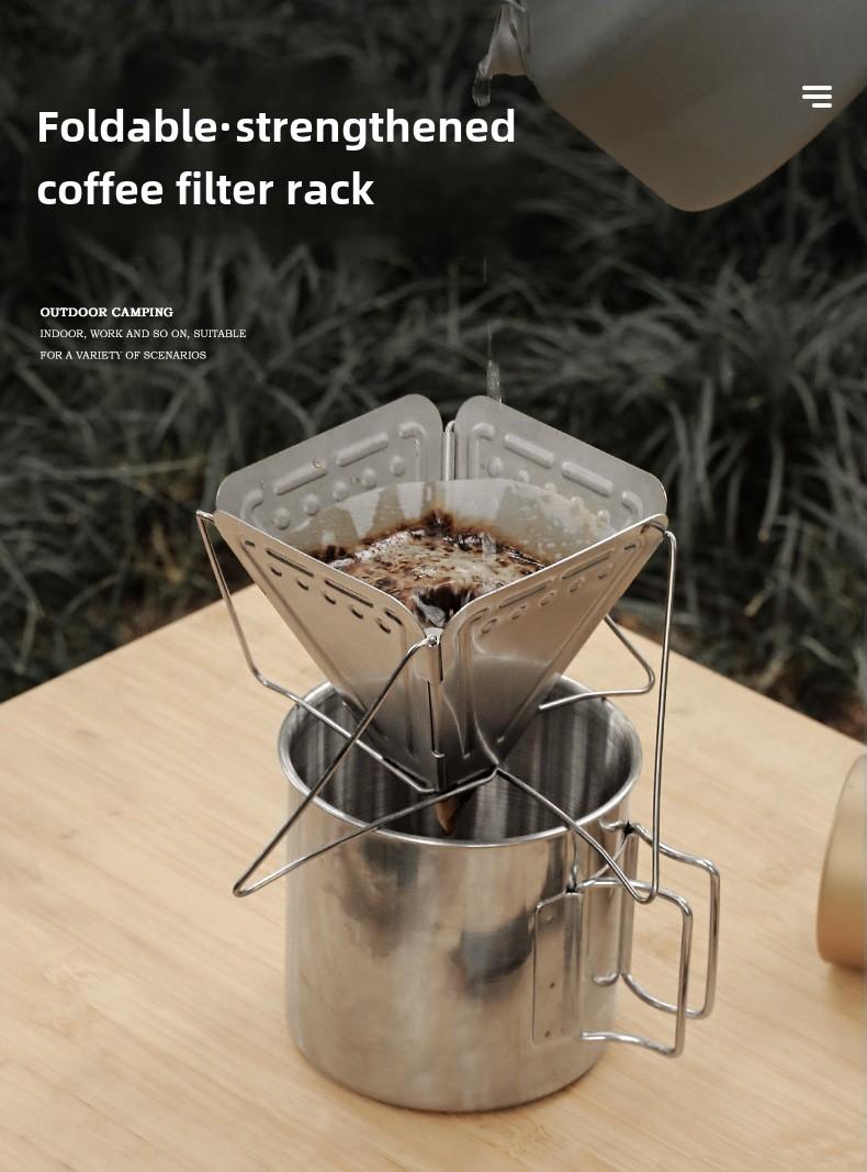 Product Introduction of Portable Outdoor Camping Coffee Filter Rack Stainless Steel Folding Funnel with Bracket Filter Cup Coffee Drip Rack 0