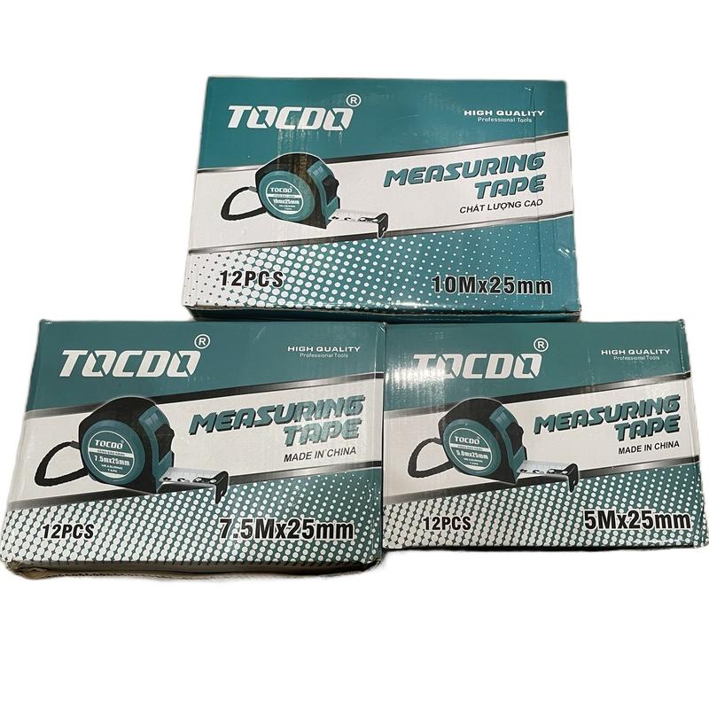 Hộp 12 thước bọc cao su Tocdo cao cấp dầy hơn 20% phủ nhám chống mờ 5m-7,5m-10m Thước chongnuoc met thuoc