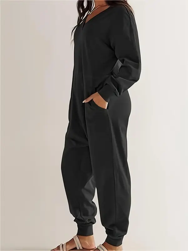 Women's Solid Color V Neck Long Sleeve Jumpsuit, Casual Comfy Pocket Jumpsuit for Fall & Winter, Women's Jumpsuit for Daily Wear 2
