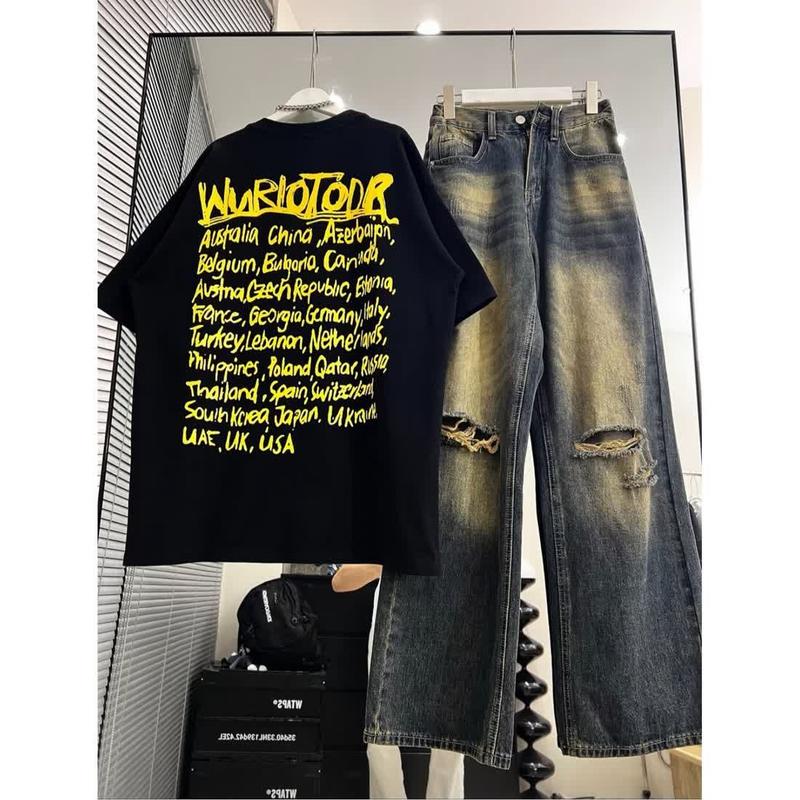 Product Introduction of Quần Jean Rách Cổ Điển Mùa Hè, Hàng Mới Về, Với Chữ Graffiti Mỹ Hợp Xu hướng Áo Thun ngắn Tay Cho Nam, Phong Cách Đường Phố Cao Cấp, 4566 Yêu Thích 1