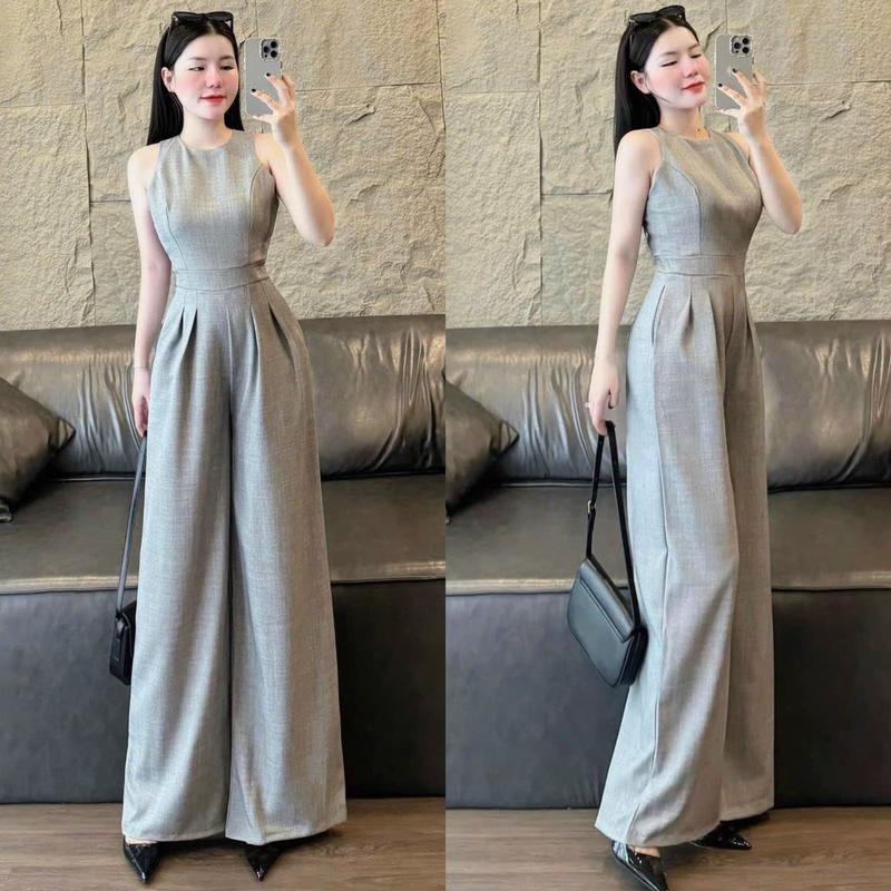 Jumpsuit Nữ Cổ Tròn Khoét Vai Dáng Dài Ống Rộng Voi Women