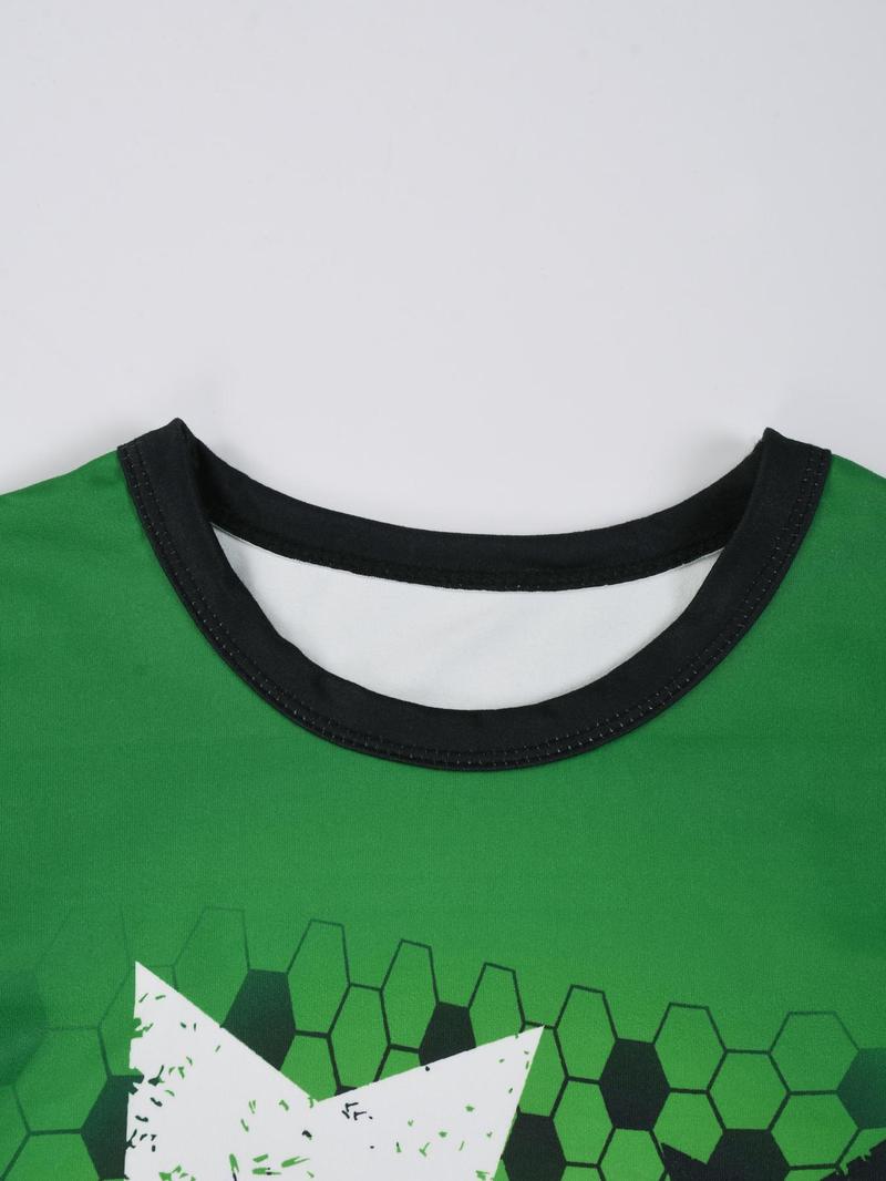 Product Introduction of Boy's Cartoon Soccer Print Short Sleeve Tee & Shorts PJ Set, Casual Comfy Round Neck T-shirt & Shorts PJ Set, Kids Sleepwear for Summer 3