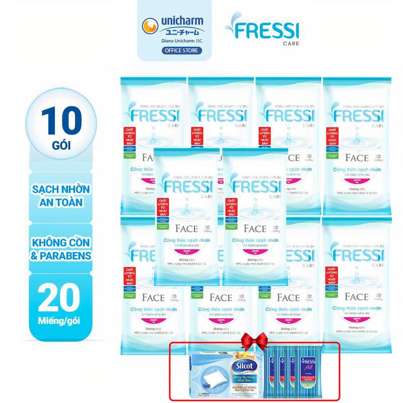[COMBO 10-TẶNG SILCOT 82 + 4 FRESSI ALL 10M] Fressi Care Face Khăn ướt chăm sóc da 20 miếng