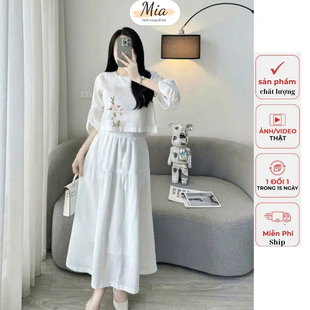[Mia 10] Set áo chân váy thêu hoa tôn dáng, chất liệu tơ thái mềm mịn, thoáng mát, đủ size từ  40 -85kg