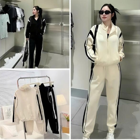 Sét Nữ Dài Tay Phối Viền Vai Kèm Quần Cá Tính Năng Động - Chất Mì Hàn  Dày Dặn Ấm Áp ( Bộ nỉ viền )