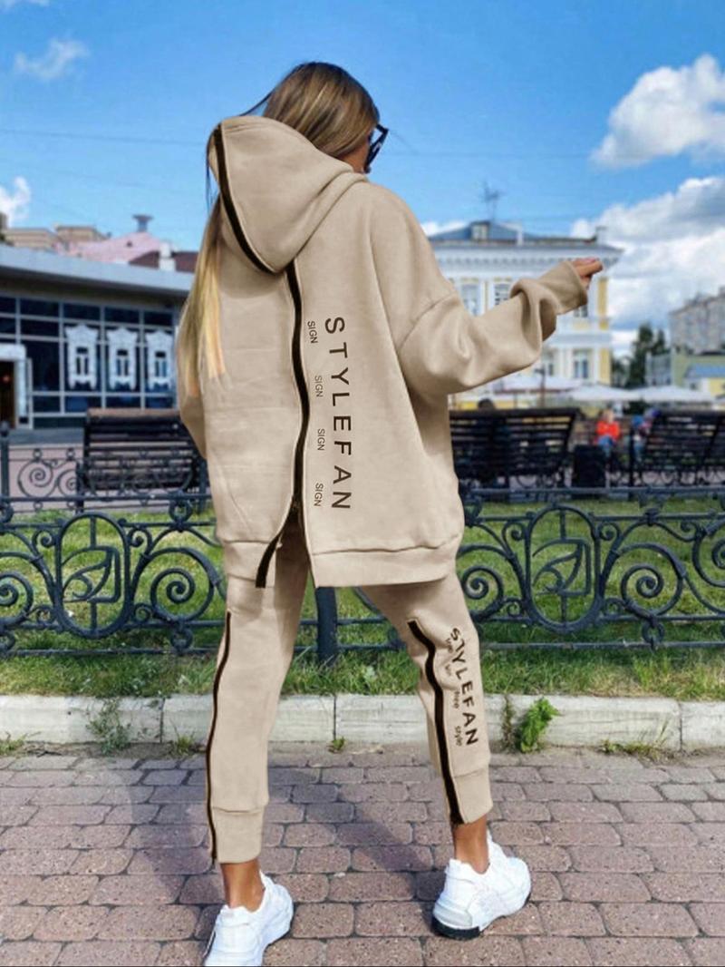Product Introduction of Women's Letter Print Drop Shoulder Zip Up Hoodie & Pants Two-piece Set, Outfits 2 Piece Set, Casual Fashion Cozy Breathable Two Piece Outfits for Daily Outdoor Wear, Women Clothes for Fall & Winter 7