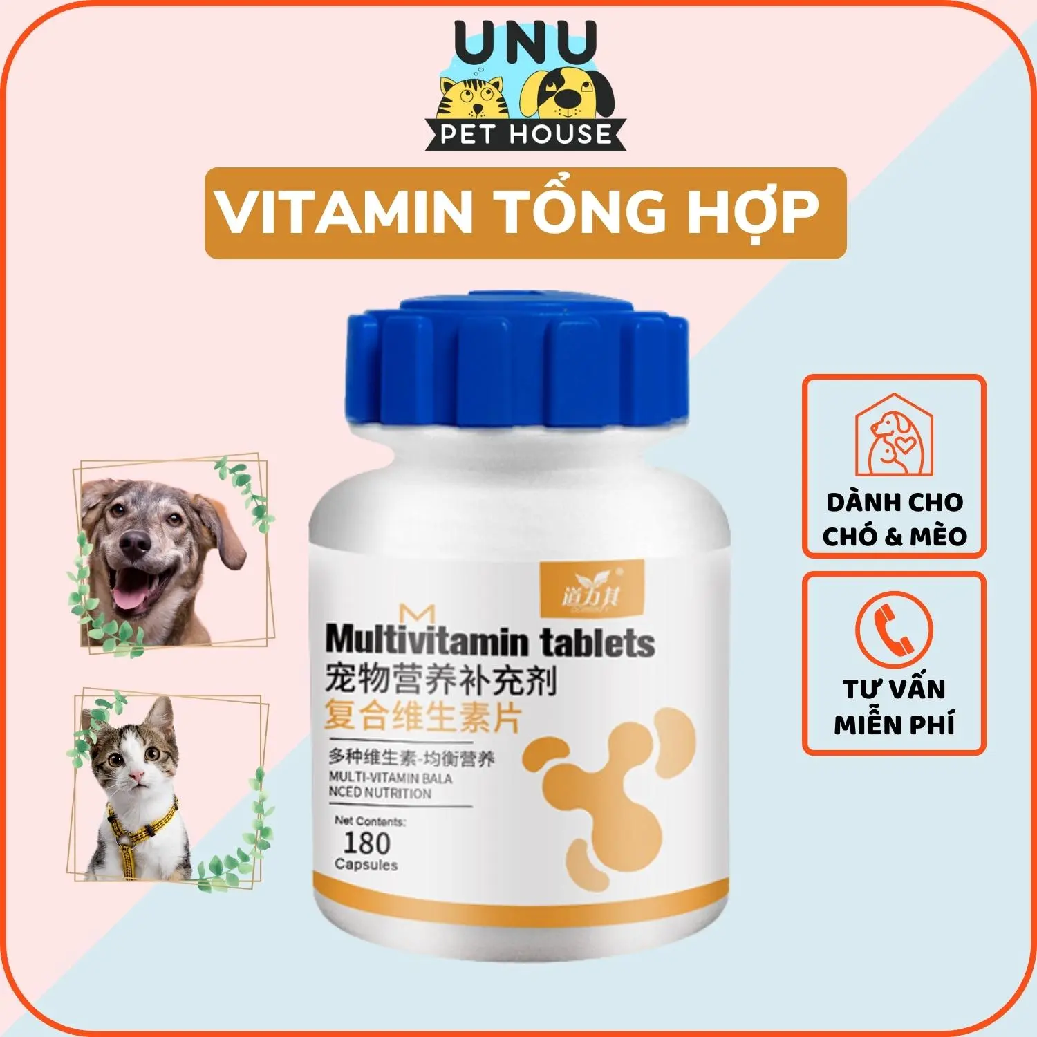 Vitamin cho chó mèo DORRIKEY bổ sung vitamin, khoáng chất giúp chó mèo tăng cường đề kháng, lọ 180 viên - UNU Pet House