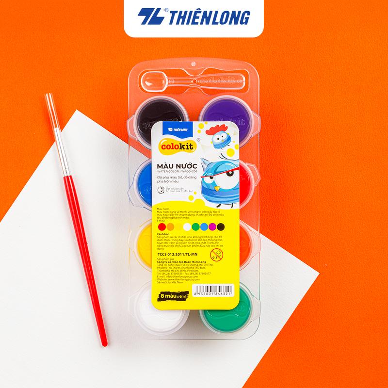 Bộ 8 lọ màu nước Thiên Long Colokit WACO-C06 - Độ phủ tốt, dễ dàng pha trộn - Tặng kèm cọ + muỗng lấy màu