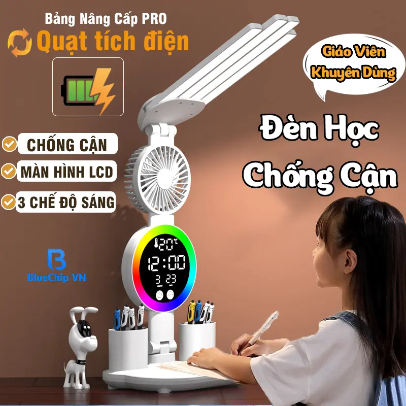 Đèn học để bàn tích điện 2026 chống cận, có màn hình LCD hiển thị nhiệt độ, giờ, ngày tháng bảo vệ thị lực Bluechip VN
