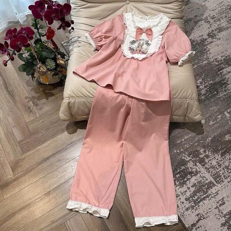 Bộ đồ ngủ pijama cộc tay thỏ yếm thô đũi cổ phối ren tiểu thư Women Nữ (< 60kg, < 1m67) Nhung Áo - Hồng - Voi, Nho 5