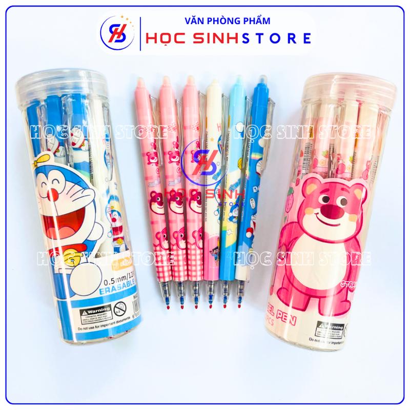 Lon 12 Cây Bút Gel Bấm Xóa Được 0.5mm Mực Xanh/Tím (Mẫu Doraemon, Gấu Dâu)