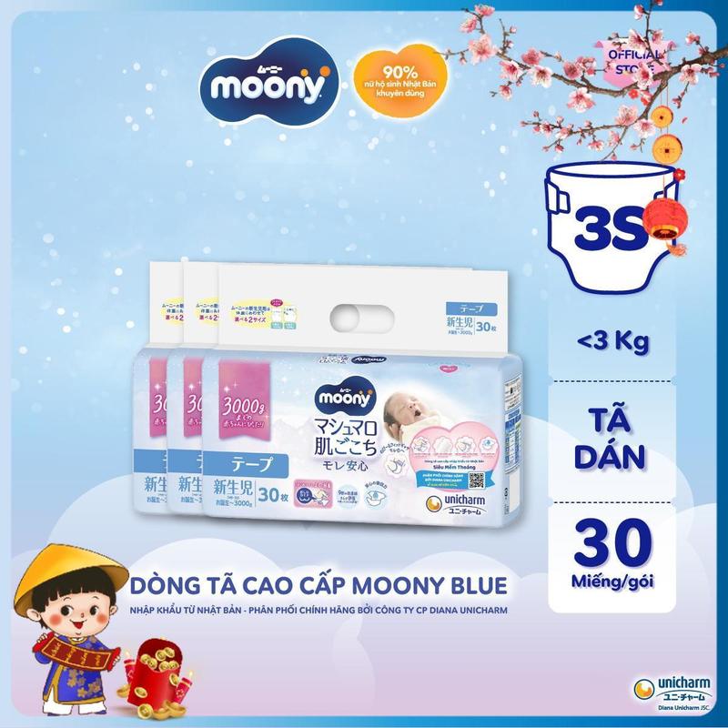 COMBO 3 Tã bỉm dán cao cấp Moony 3S dành cho trẻ sơ sinh dưới 3kg