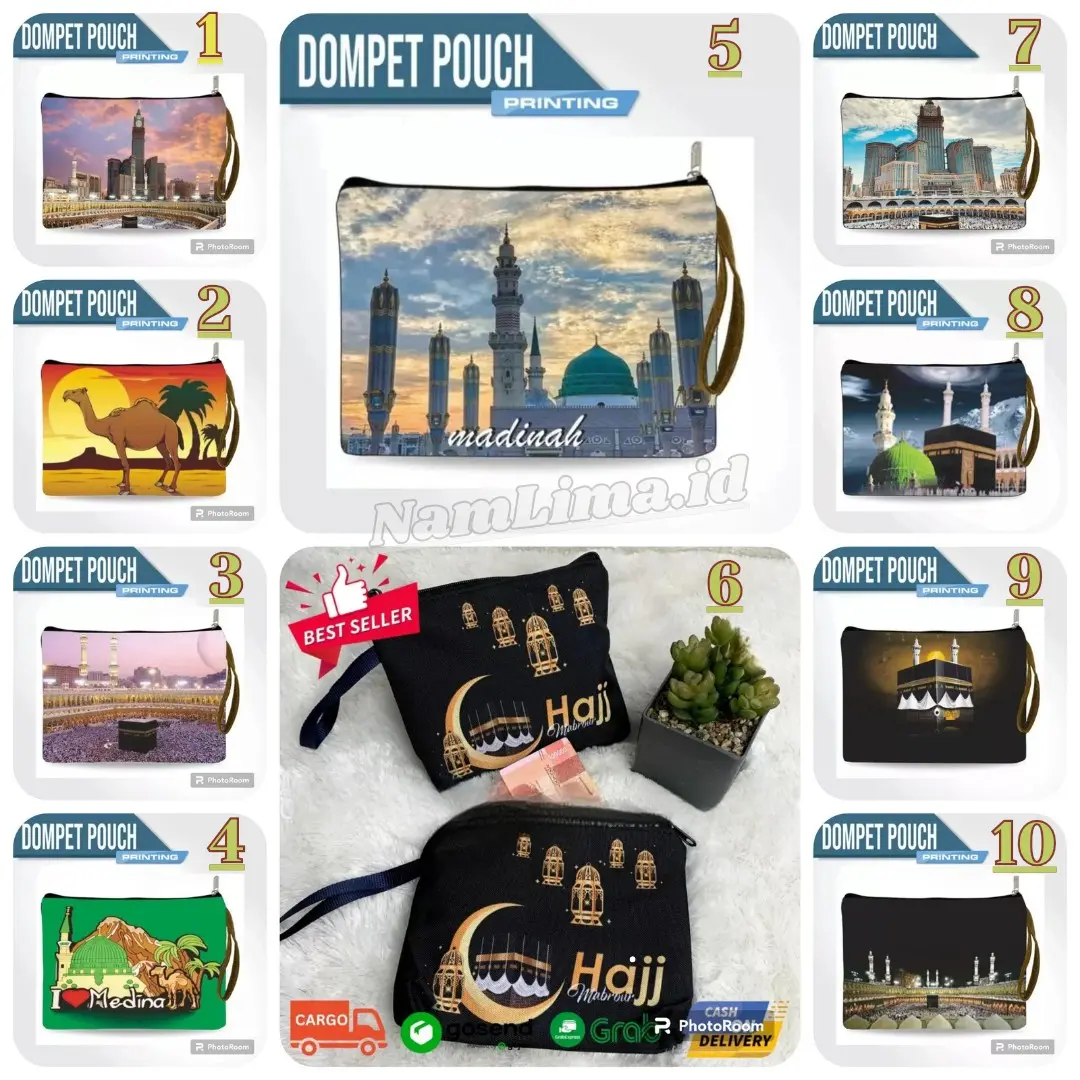 1 Lusin 12pcs - Dompet Printing / Poch Koin / Poch Uang / Poch Kosmetik Souvenir Haji & Umroh Kanvas