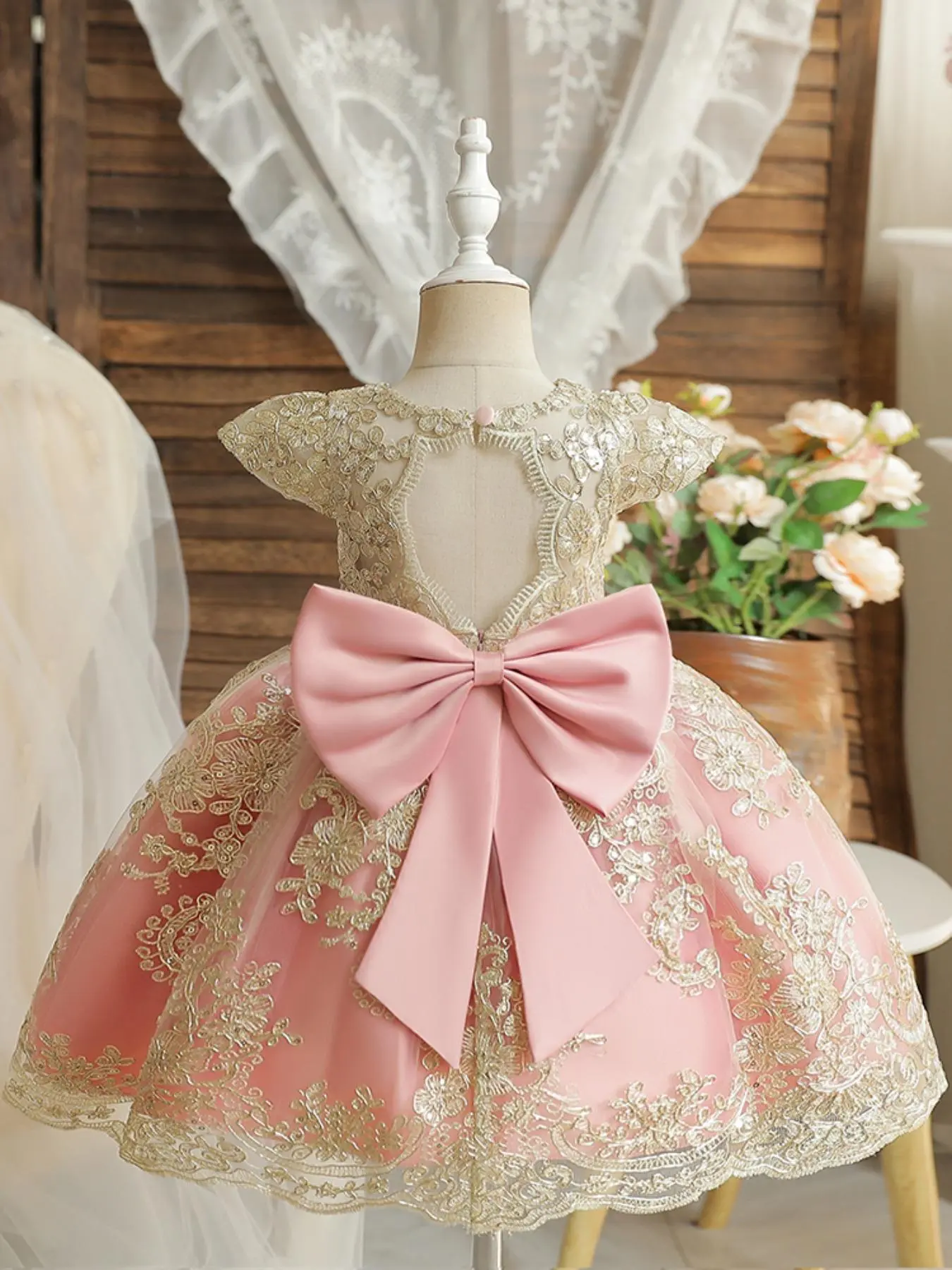 Girl's Embroidery Contrast Lace Bow Back Fit and Flare Dress, Elegant Puff Sleeve Big Bow Decor Contrast Mesh Dress for Party Performance Wedding Guest, Kids Clothes for All Seasons